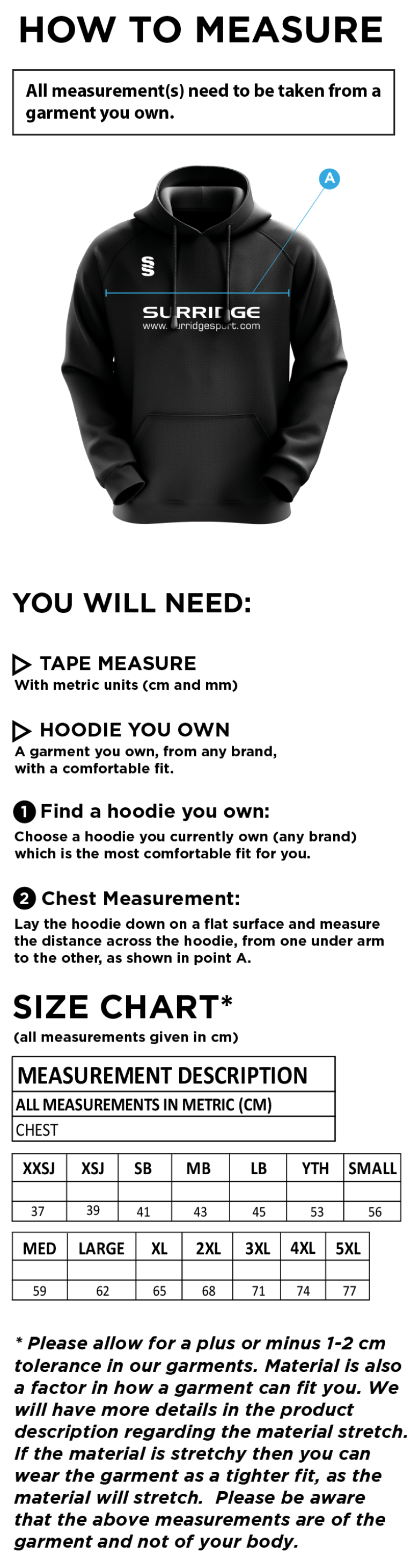 Earl Shilton Town CC - Overhead Hoody - Size Guide