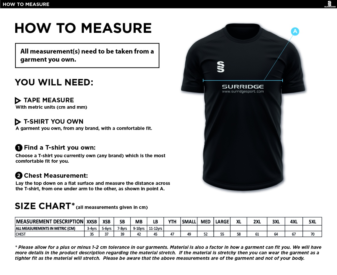 Earl Shilton Town CC - Dual Games T-Shirt - Size Guide