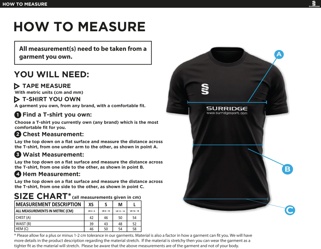 Earl Shilton Town CC - Women's Dual Polo Shirt Black - Size Guide