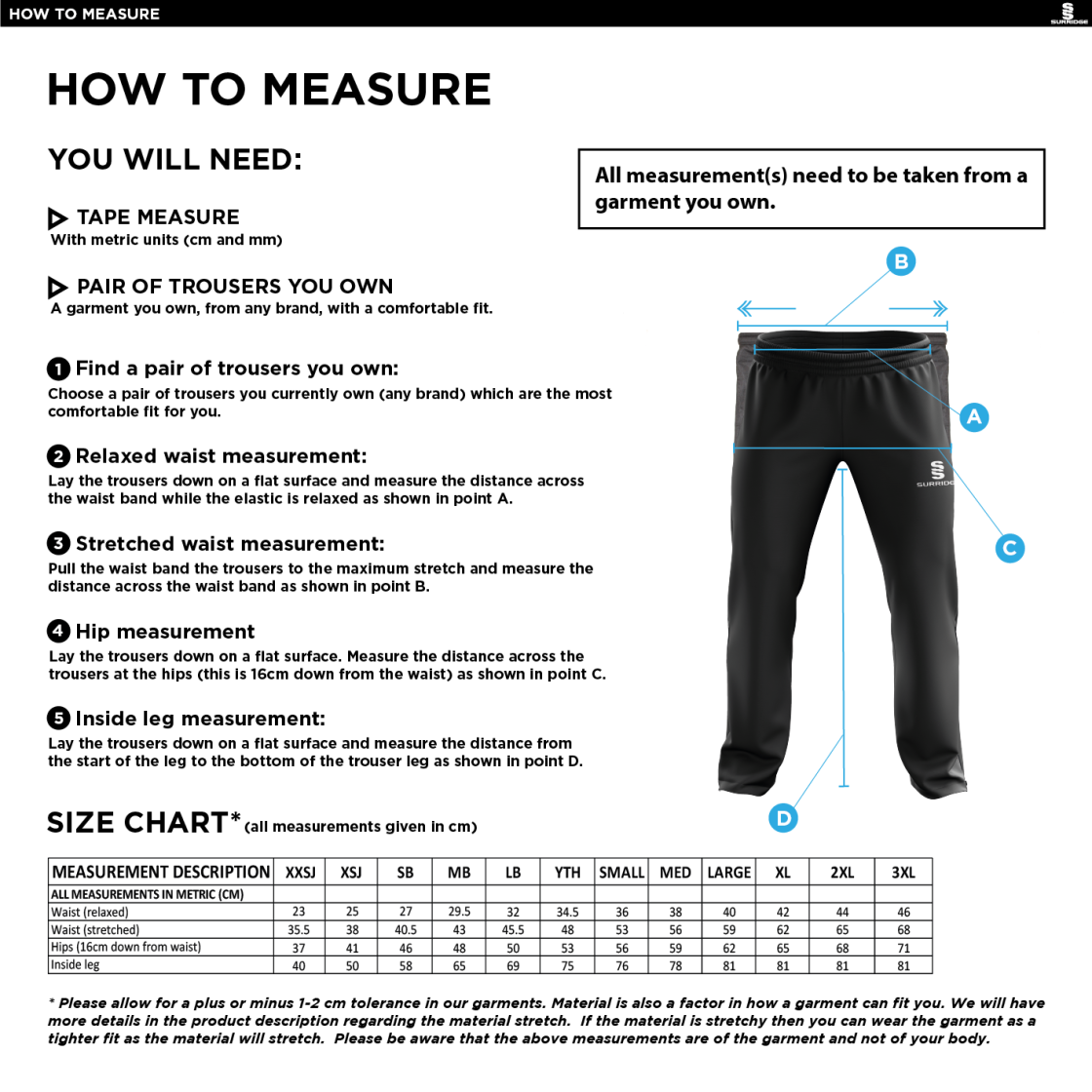 Earl Shilton Town CC - Poplin Track Pant Black - Size Guide